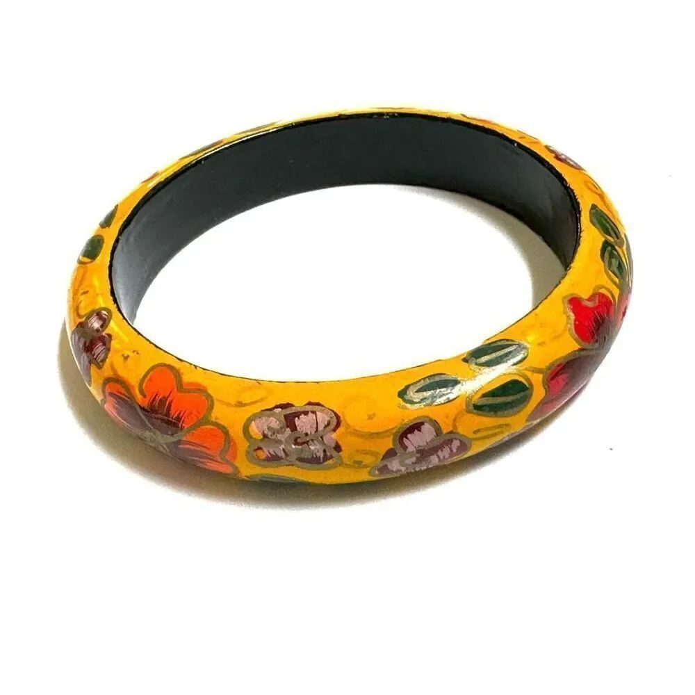 Yellow wooden floral hand painted bangle bracelet